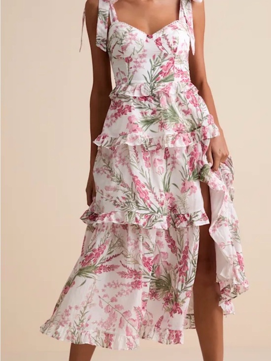 Lulus Dresses & Skirts - Lulu's Pink & Green Floral Ruffle High-Low Midi Dress